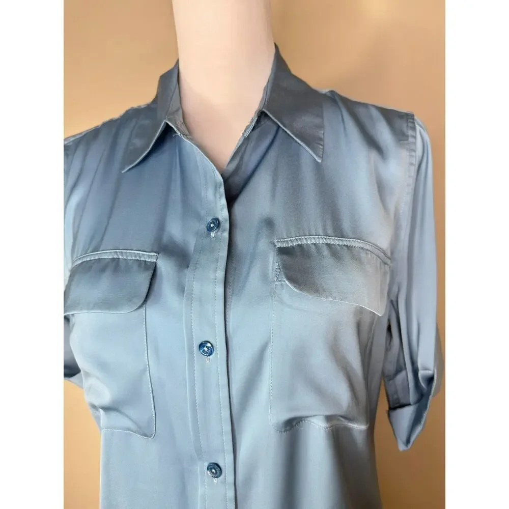 Equipment Femme Satin Shortsleeve Button Shirt Blue Preppy Office Old Money Chic - Picture 7 of 11